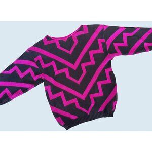 Vintage BRISTOL COURT Hot Pink & Black Geometric Sweater 1980s Sz S